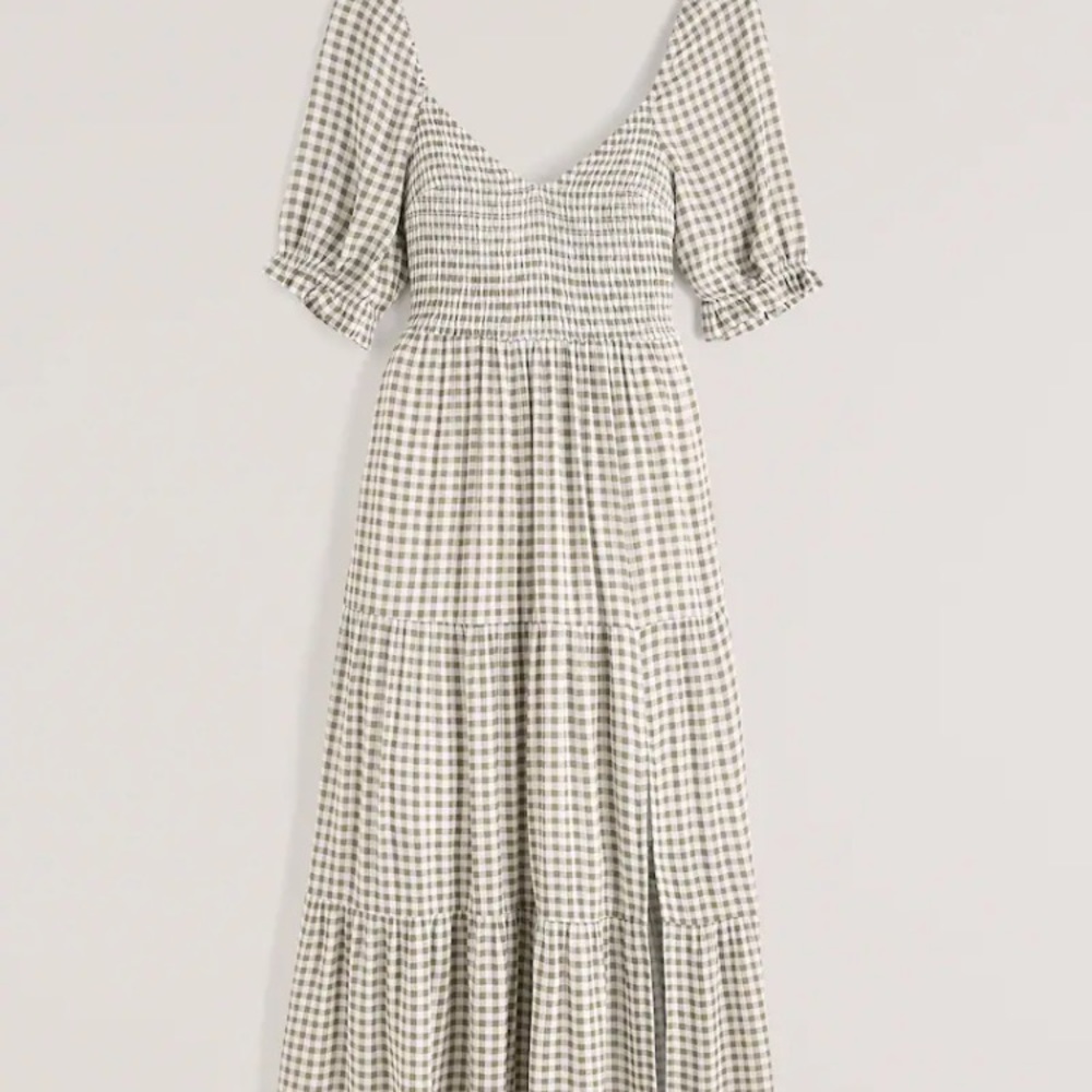 Abercrombie & Fitch Cream and Gray Gingham Midi Dress